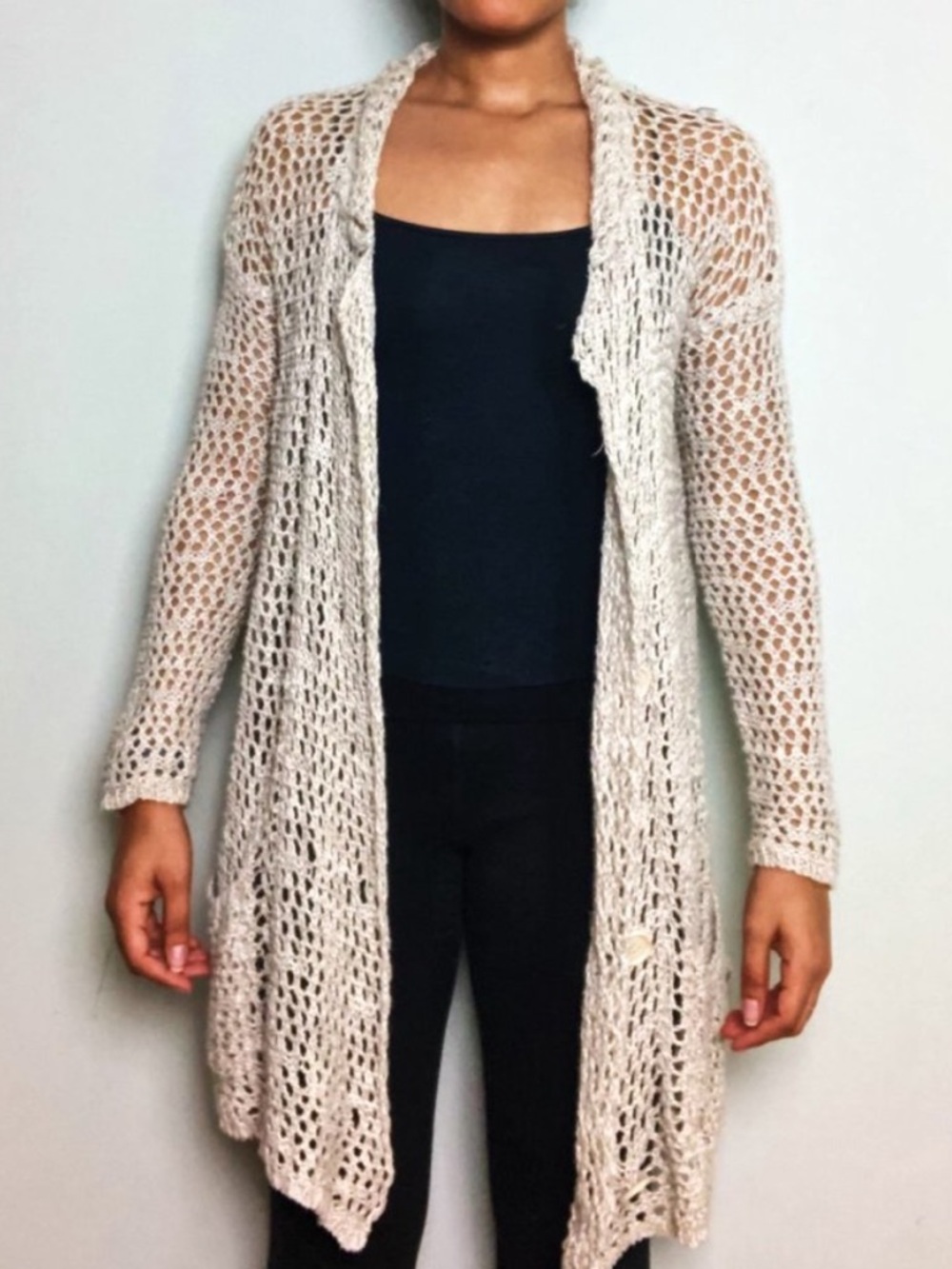 Free People Open-Weave Cream Button-Front Cardigan